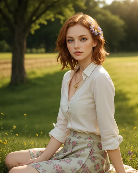 superbloom scenery, 24yo attractive irish redhead, (striking eyes with full limbal ring visible, piercing gaze with prominent limbal rings, large expressive eyes with sharp limbal rings, intense wide eyed stare at viewer:1.4), wide cinematic establishing shot seductive young woman sitting having picnic under tree, (bra strap, cleavage,  young adult irish redhead:1.25), (style of Alessio Albi:1.4), Realist Portraiture, Soft Lighting, Emotional Depth, Simple Compositions, (Layered Depth, Soft focus foreground, Painted Scenery:1.1), alluring feminine physique, short backlit hair, perfect face, thin upper lip, pouting lower lip, thin brows, small upturned nose, bow-shaped lips, Raised Eyebrows, Focused Gaze, eager expression, quaint farm setting, (relaxed country woman), (tight unbuttoned shirt, thin material), subsurface scattering, classic cotton, soft pastel, intricate embroidery collar cuffs, rolled-up sleeves revealing sun-kissed forearms BREAK (blanket:1.15), rich textures, patchwork design, vibrant colors, detailed stitching, homely aesthetic (skirt), elegant rustic charm, subtle floral pattern, linen, sways breeze BREAK ((wildflower wreath)), crown delicate chain necklace, small, intricate pendant, heart-shaped with floral theme, glowing subtly in the soft light, ethereal quality, [lens flare glinting], (mischievous yet content expression), lush green fields in the background, (soft, sunlit ambiance), simple leather boots, carefree hair  <lora:kodak_ultramax_400:0.8> golden hour, soft golden light, pastel sky, relaxed posture, natural smile, earthy colors, candid moment, trees and flowers in background, leading lines, depth of field, slightly off-center framing, warm tones, cinematic look, natural setting, editorial style, soft textures, subtle lighting, peaceful mood