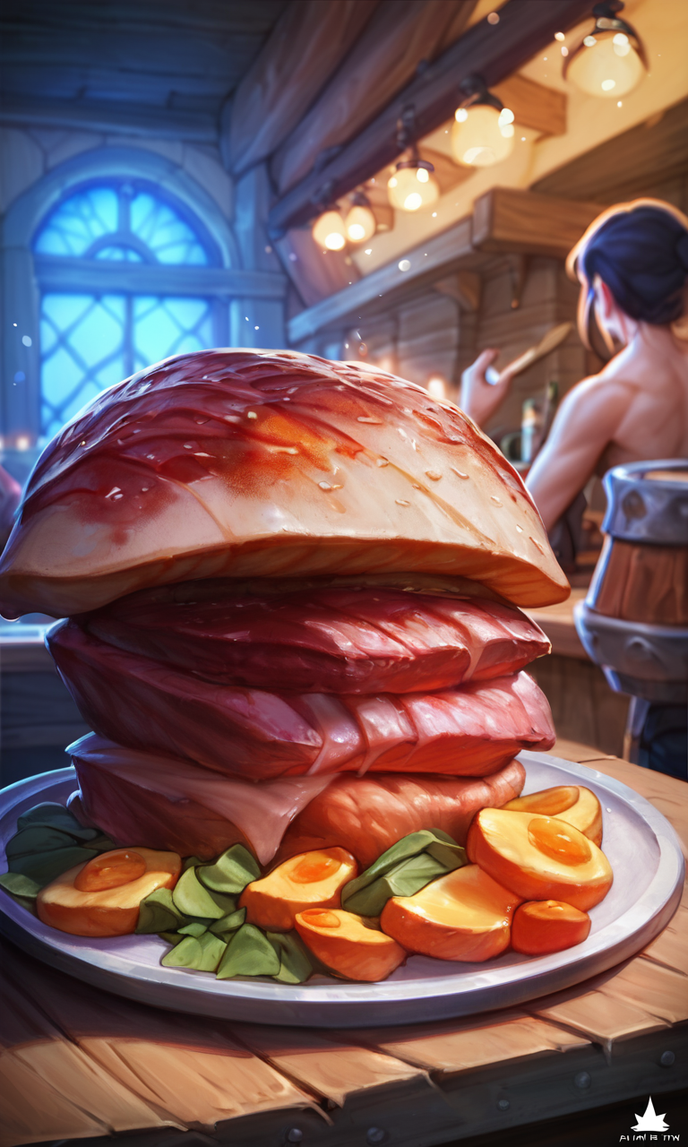 score_9, score_8_up, score_7_up, BREAK, soure_safe, close-up, meat, meal, tavern, interior, cinematic, \, (warcraft), \, depth of field, hearthstonestyle, video game, highly detailed, digital painting, artstation, concept art, cinematic lighting, strong bokeh, trending on artstation <lora:HearthStoneStyle_v1:0.75>