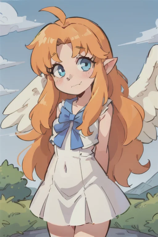 1girl, heaven, pearly gates, god rays, 80's anime style, <lora:filoTateNoYuusha_v10:0.5> filo, clouds, mist
upper body, filo, 1girl, solo, embarrassed, closed mouth, white wings, hite dress, blue bow, long hair, blue eyes, looking at viewer, parted bangs, bent over, arms behind back, <lora:filo2-05:0.9>, claymation