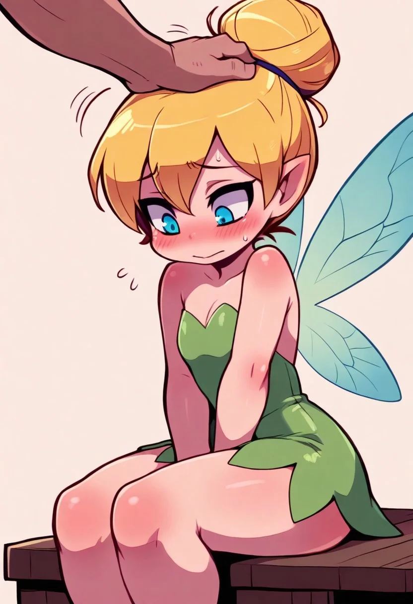 long hair, blush, sitting, head pat, 
 TinkerWaifu, Blonde hair, single hair bun, blue eyes, fairy wings, blue eyes, green dress, sexy, strapless,
blush, looking down, embarrassed,