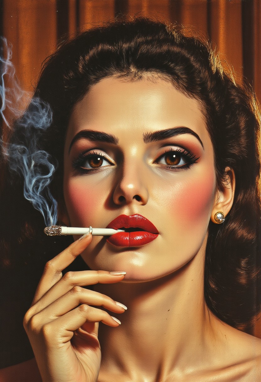 A dramatic close-up portrait of a sophisticated woman in the style of a 1950s tobacco advertisement, shot with warm sepia tones and subtle vignetting around the edges. Her face occupies most of the frame, featuring bold vintage makeup with perfectly arched eyebrows, dramatic winged eyeliner, and rich cherry-red lips carefully applied in the classic cupid's bow shape. Her hair is styled in elegant finger waves or victory rolls, glossy and immaculate. She gazes directly at the viewer with a knowing, confident expression - simultaneously alluring and authoritative. Delicate wisps of tobacco smoke curl artfully around her features, creating graceful arabesques that frame her face. The lighting is classic Hollywood glamour - soft yet dramatically highlighting her cheekbones and the elegant line of her neck. Between her manicured fingers, she holds a cigarette with casual elegance, poised near her lips but not quite touching them. Her jewelry is understated but expensive-looking - perhaps pearl earrings or a simple diamond. The background suggests a sophisticated setting - perhaps the rich wood paneling of an exclusive club or the velvet drapery of a high-end establishment. The composition evokes the glamorous mystique of smoking from an era before health concerns, when tobacco was associated with sophistication, independence, and allure. 80s vintage pulp sci-fi magazine cover, aidmaHyperrealism