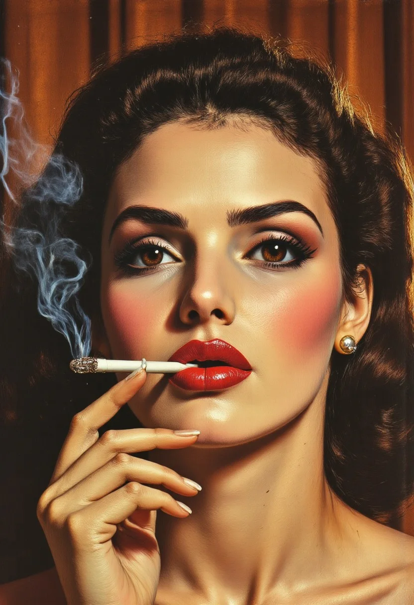 A dramatic close-up portrait of a sophisticated woman in the style of a 1950s tobacco advertisement, shot with warm sepia tones and subtle vignetting around the edges. Her face occupies most of the frame, featuring bold vintage makeup with perfectly arched eyebrows, dramatic winged eyeliner, and rich cherry-red lips carefully applied in the classic cupid's bow shape. Her hair is styled in elegant finger waves or victory rolls, glossy and immaculate. She gazes directly at the viewer with a knowing, confident expression - simultaneously alluring and authoritative. Delicate wisps of tobacco smoke curl artfully around her features, creating graceful arabesques that frame her face. The lighting is classic Hollywood glamour - soft yet dramatically highlighting her cheekbones and the elegant line of her neck. Between her manicured fingers, she holds a cigarette with casual elegance, poised near her lips but not quite touching them. Her jewelry is understated but expensive-looking - perhaps pearl earrings or a simple diamond. The background suggests a sophisticated setting - perhaps the rich wood paneling of an exclusive club or the velvet drapery of a high-end establishment. The composition evokes the glamorous mystique of smoking from an era before health concerns, when tobacco was associated with sophistication, independence, and allure. 80s vintage pulp sci-fi magazine cover, aidmaHyperrealism