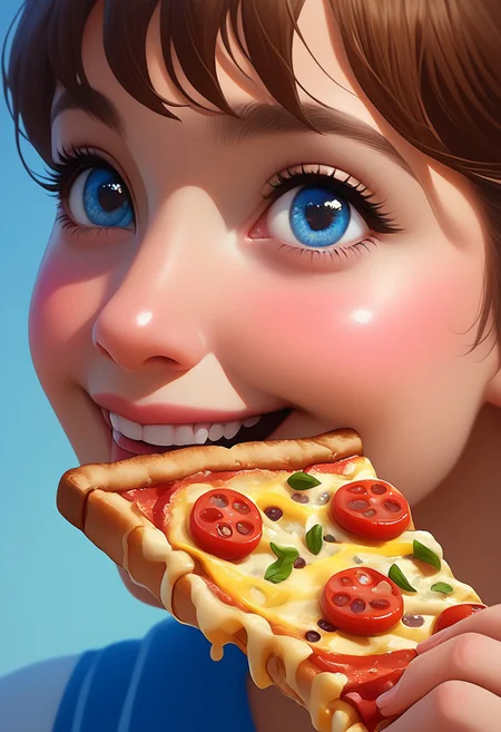 score_9, score_8_up, score_7_up, cgasfcg, masterpiece, best quality, detailed eyes, detailed face, perfect eyes, high detailed, absurdres, highres, casual game art, mobile game art, merge 3 game art, character design, Casgas, BREAK 1girl, kid, solo, detailed face, detailed eyes, pretty, smile, teeth, brown hair, big blue eyes, bangs on the side, ear, tongue, blush, slice of pizza with cheese, stretching cheese, stringy cheese, eating slice of pizza, a slice of pizza in her mouth, looking to the right, close photo, close-up shot, close up shot