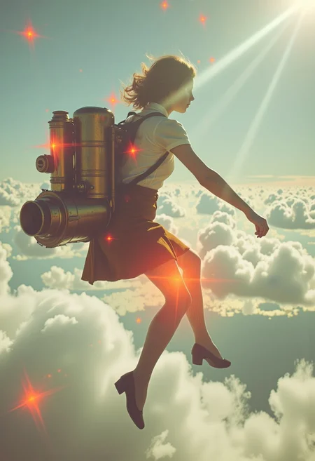 A vintage photograph captures a woman soaring between the clouds, her silhouette framed against the endless sky. Billowing mist swirls around her as she ascends, her striped stockings, short corduroy skirt, and fitted blouse rippling in the wind. Her hair, styled in elegant 1920s waves, whips against the high-altitude currents. Strapped to her back is an elaborate steam-powered jetpack—a mechanical marvel of brass pipes, riveted metal plating, and exposed gears. A massive boiler hums and rattles, releasing plumes of scalding steam that twist like ghostly serpents into the rarefied air. Twin exhaust nozzles glow faintly with embers, their heat warping the surrounding vapor into shimmering distortions.
Below her, the world is obscured by an ocean of clouds, stretching endlessly like a vast, rippling sea of white. But even here, reality is fractured. Suspended in the sky, jagged neon-orange geometric anomalies flicker in and out of existence—sharp prisms of broken space, slicing through the mist like shards of shattered glass. Some drift lazily, pulsing with a synthetic glow, while others crackle with erratic energy, bending light around them in impossible refractions. Their neon reflections shimmer across the woman’s metallic jetpack, casting a surreal contrast of warm brass and cold, artificial luminescence.
Undeterred, she navigates this shifting, dreamlike expanse, her jetpack roaring, the steam swirling, and the world bending unpredictably around her.