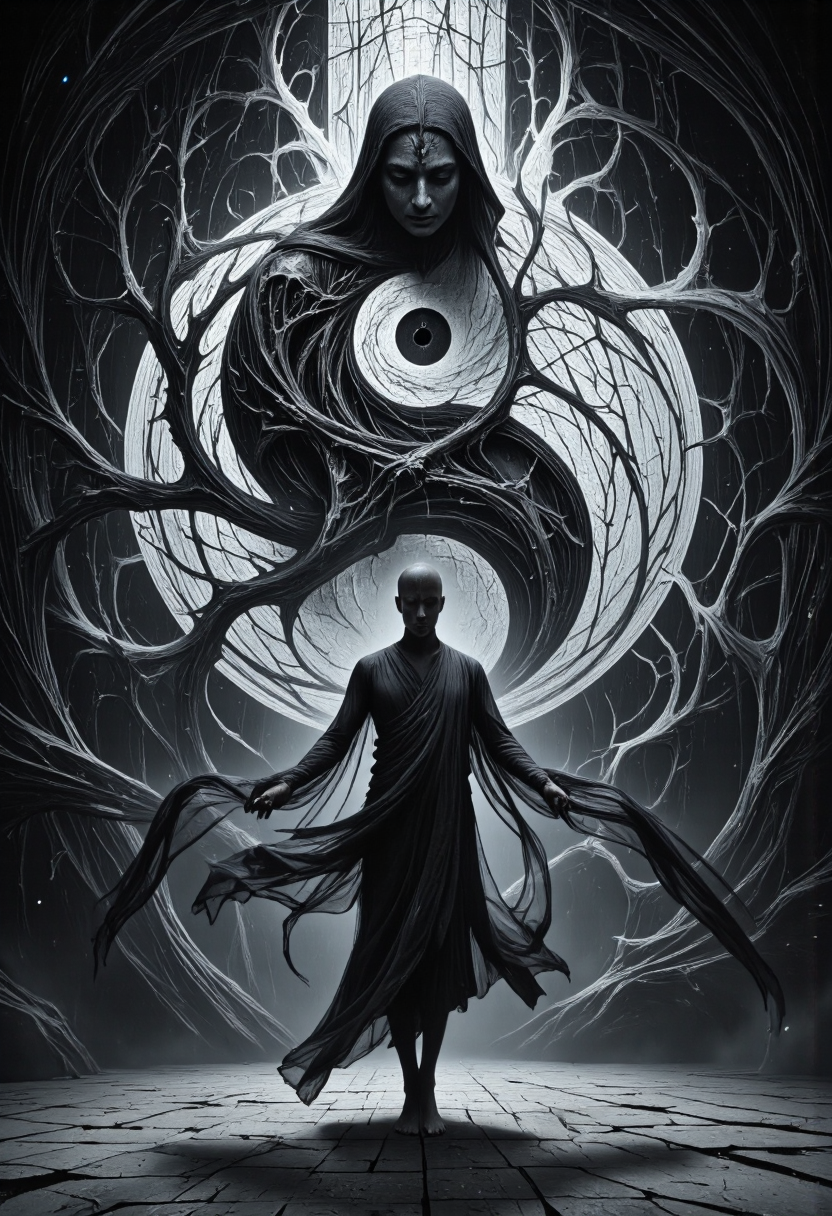 <lora:Pieper-Geometrics-Shadowworld:0.8>,Op-Art, A striking artistic depiction of a serene monk balanced gracefully on one leg in a classic yoga pose, embodying harmony and inner peace. The monk's flowing robes and calm expression mirror the balance of the large, intricately designed yin and yang symbol dominating the background, its swirling patterns filled with ornate details. . The composition exudes tranquility and balance, with the monk positioned at the center of this mesmerizing interplay of opposites, Geometric Shapes, light fill the shapes becoming more and more transparent and brilliant. patterns dance and constrict and pulse.,