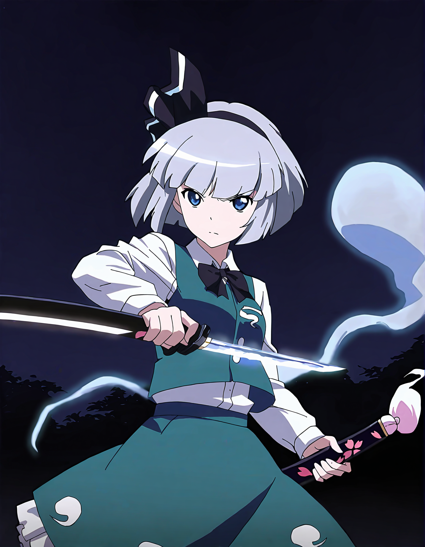 memoriesofphantasm, 1girl, konpaku youmu, weapon, sword, solo, konpaku youmu (ghost), short hair, katana, anime coloring, blue eyes, grey hair, sensitive, hairband, unsheathing, parody, sheath, black hairband, style parody, serious, night, bow, hitodama, vest, ribbon, blunt bangs
very awa, masterpiece, best quality, year 2024, newest, highres, absurdres, <lora:memories-of-phantasm-style-noobai-vpred10-timestep-dynamic:1>