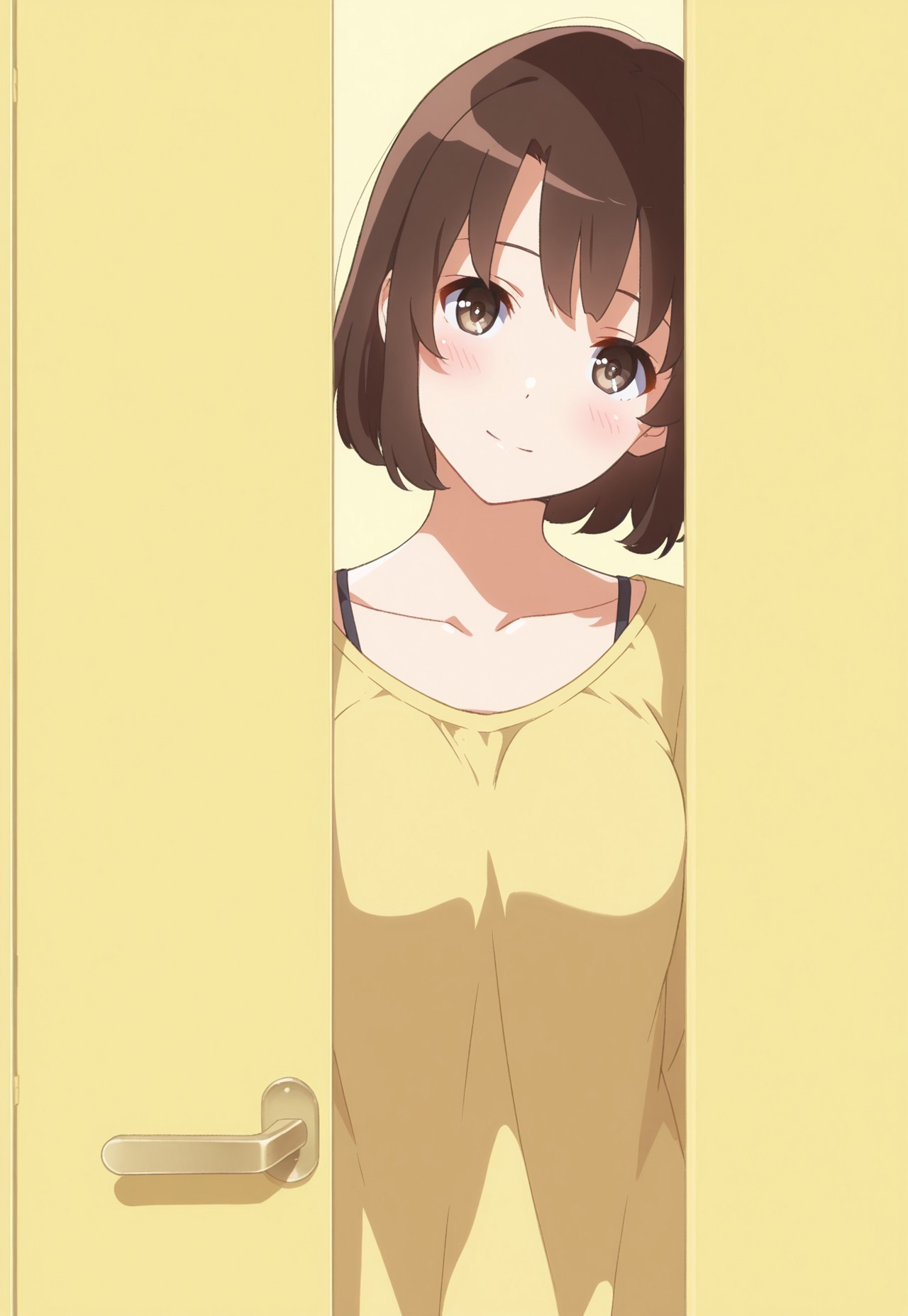 1girl, m3gum1kat0,brown hair, bangs, pupils,brown eyes,medium breasts, short hair, soft smile,

,original, masterpiece, collarbone,yellow theme,looking at viewer,head tilt,simple background,blush, 

peeking from behind a door, solid yellow door, hand gripping the door edge, solid yellow background


