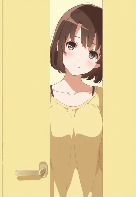 1girl, m3gum1kat0,brown hair, bangs, pupils,brown eyes,medium breasts, short hair, soft smile,

,original, masterpiece, collarbone,yellow theme,looking at viewer,head tilt,simple background,blush, 

peeking from behind a door, solid yellow door, hand gripping the door edge, solid yellow background


