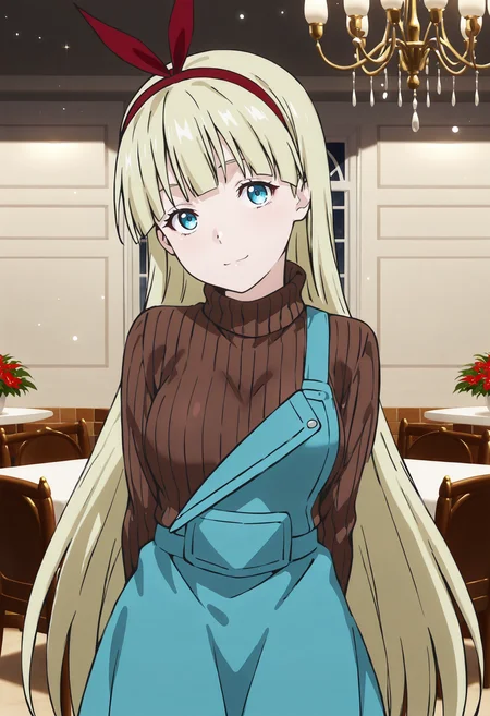 best quality, amazing quality, perfect quality, high quality, masterpiece, absolutely eye-catching BREAK
<lora:Shokugeki_no_Souma_-_Berta:1> ShokugekiBerta, blue eyes, blonde hair, very long hair, blunt bangs, red hairband BREAK
brown ribbed sweater, turtleneck sweater, blue overalls, single off shoulder, blue skirt, orange converse, high tops BREAK
indoors, dining hall, chandelier, light particles BREAK
1girl, solo, standing, arms behind back, head tilt, light smile, looking at viewer, cowboy shot, dutch angle