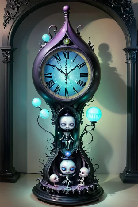 Surreal Antique Clock - A tall, vintage gothic, fairy Fae grandfather clock with a gothic frame that seems to bend and warp slightly, as if melting. The clock face has multiple hands pointing in all directions, with some hands shaped like elongated limbs. The pendulum is replaced by a floating, glowing orb that casts long shadows across a room filled with mismatched, surreal furniture. <lora:EnvyPastelGoth02-prodigy-batch6:1> <lora:SDXLFaeTastic2400:1> <lora:Goth_SDXL_V1:1> <lora:LowBrowXL:1> <lora:GothGirlLorav0.1:1>