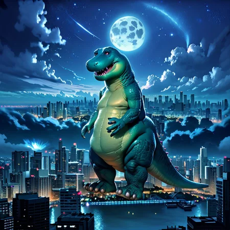 EnhanceImage, blue tone, giant Barney the Dinosaur, Godzilla, scenery, sky, night, no humans, moon, cloud, night sky, cityscape, city, star (sky), outdoors, skyscraper, building, full moon, city lights, starry sky, water, skyline, score_9, score_8_up, score_7_up