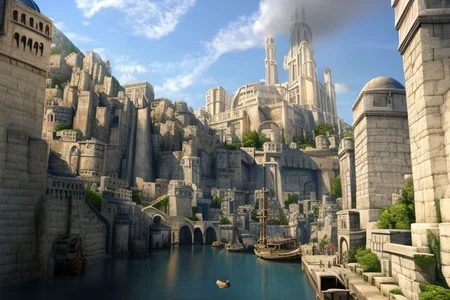 (masterpiece:1.2), (best quality,:1.2), 8k, HDR, ultra detailed, ((photorealistic)), professional light, cinematic lighting, fashion photography, ambient lighting, atmospheric effects, Numenor, a medieval fantasy harbour, some big ships, big statues, towers, walls, <lora:Numenor-10:1>, in the style of Middle Earth, Tolkien, Minas Tirith, epiCPhoto
