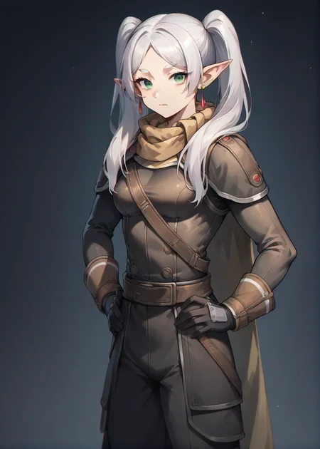 full body,dark background,<lora:frieren_nereirfpnxl_pony_v2:0.8> nereirfpnxl, frieren, pointy ears, long hair, elf, earrings, green eyes, twintails, looking at viewer, white hair, closed mouth, medium breasts, <lora:Cayde-6_PonyXL:0.65> armor, scarf, cape, black gloves, hood, skin tight, hands on waist,, BREAK score_9, score_8_up, score_7_up, score_6_up, score_5_up,