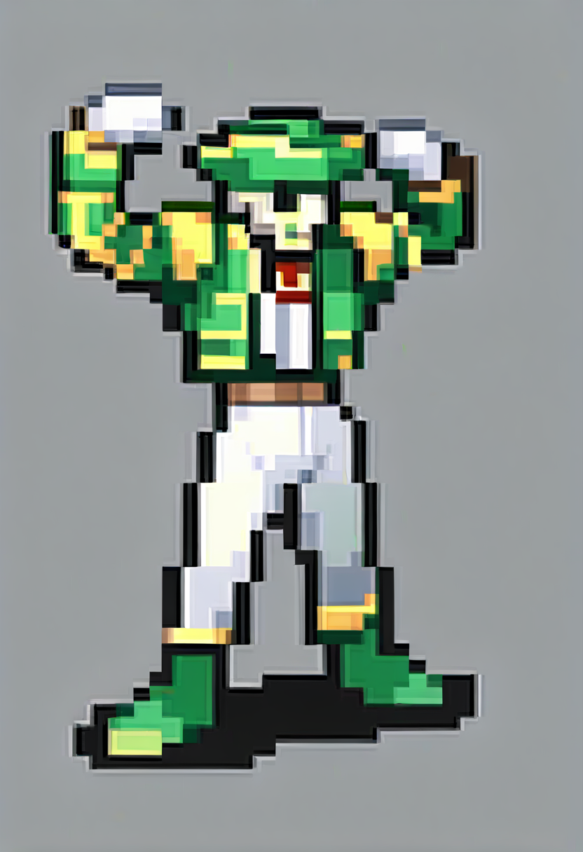 score_9, score_7_up, source_anime, 1boy, flexing, <lora:FEGBA-SpritesV2-pdxl_Fp:1> simple background, pixel art, full body, <lora:zs_MatadorXL:1> matadorsmt, hat, skull, green jacket, white ascot, white pants, white gloves, green boots
