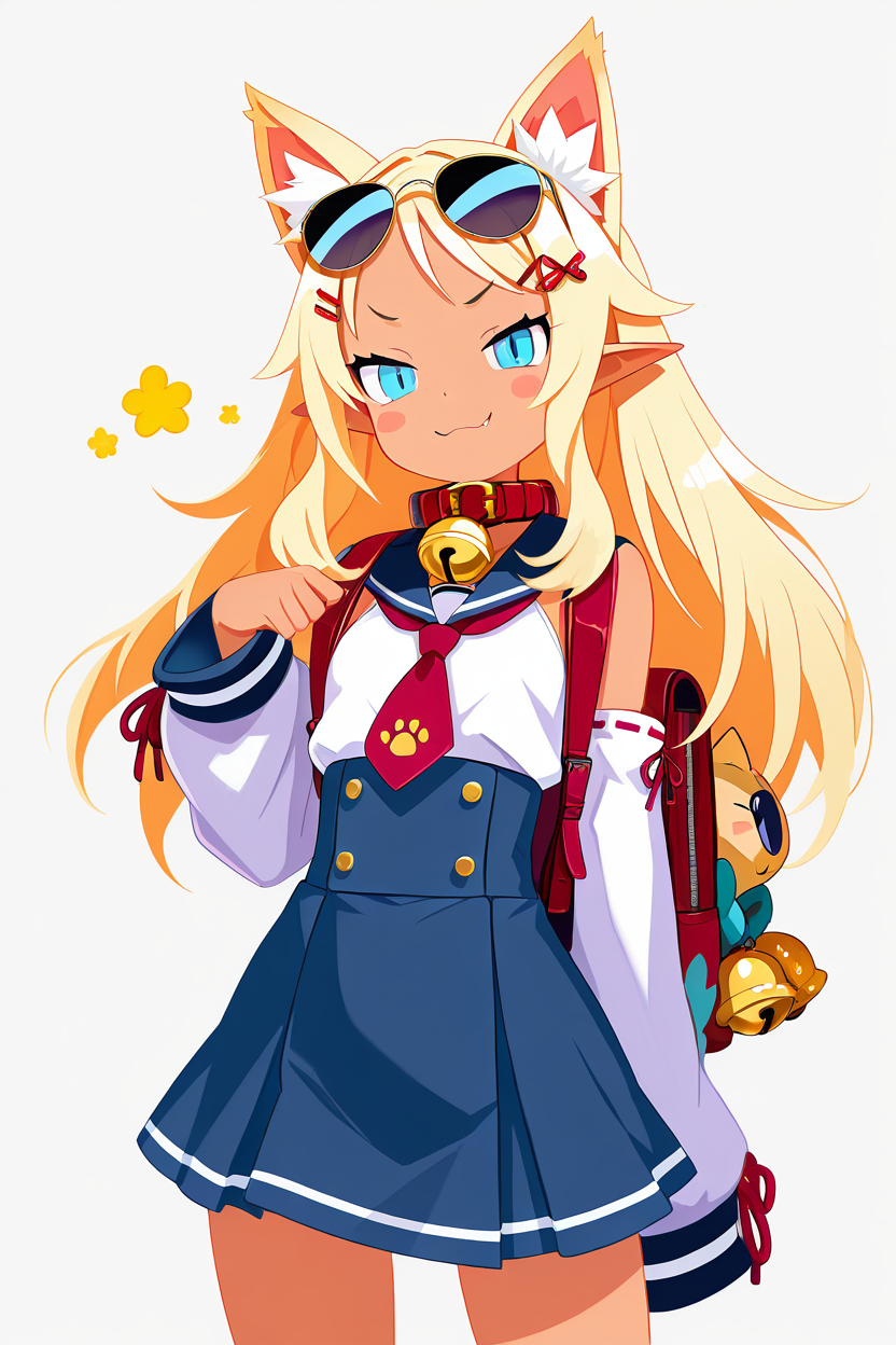 masterpiece, best quality,    Pirilika, 1girl, solo, long hair, looking at viewer, bangs, blue eyes, skirt, blonde hair, shirt, hair ornament, animal ears, detached sleeves, necktie, pointy ears, hairclip, fang, cat ears, dark skin, sailor collar, bag, collar, dark-skinned female, blue skirt, animal ear fluff, bell, blush stickers, sunglasses, backpack, red necktie, jingle bell, eyewear on head, extra ears, neck bell, high-waist skirt, red collar   smile, cowboy shot, smug,    smile, looking at viewer,    ,<lora:HaradaTakehitoIXL_v3:1.2>,