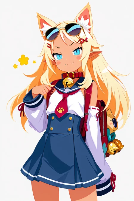 masterpiece, best quality,    Pirilika, 1girl, solo, long hair, looking at viewer, bangs, blue eyes, skirt, blonde hair, shirt, hair ornament, animal ears, detached sleeves, necktie, pointy ears, hairclip, fang, cat ears, dark skin, sailor collar, bag, collar, dark-skinned female, blue skirt, animal ear fluff, bell, blush stickers, sunglasses, backpack, red necktie, jingle bell, eyewear on head, extra ears, neck bell, high-waist skirt, red collar   smile, cowboy shot, smug,    smile, looking at viewer,    ,<lora:HaradaTakehitoIXL_v3:1.2>,