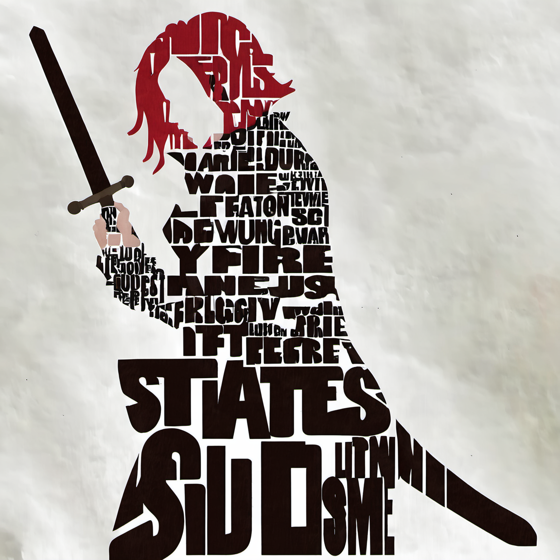 typography_art, worrier ,white background, full body, white shirt, red hair, holding sword,  <lora:Typography_art:1>
