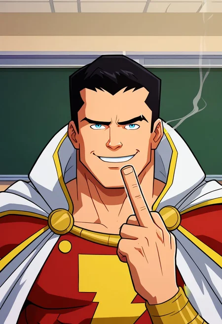 High Quality,  Shazam,  solo, 1man,  black hair, blue eyes, red suite, white cape, red hero suite, muscle body, smoking marijuana, ecstasy face, classroom, raised eyebrow, mischievous smile, looking at viewer, giving middle finger,