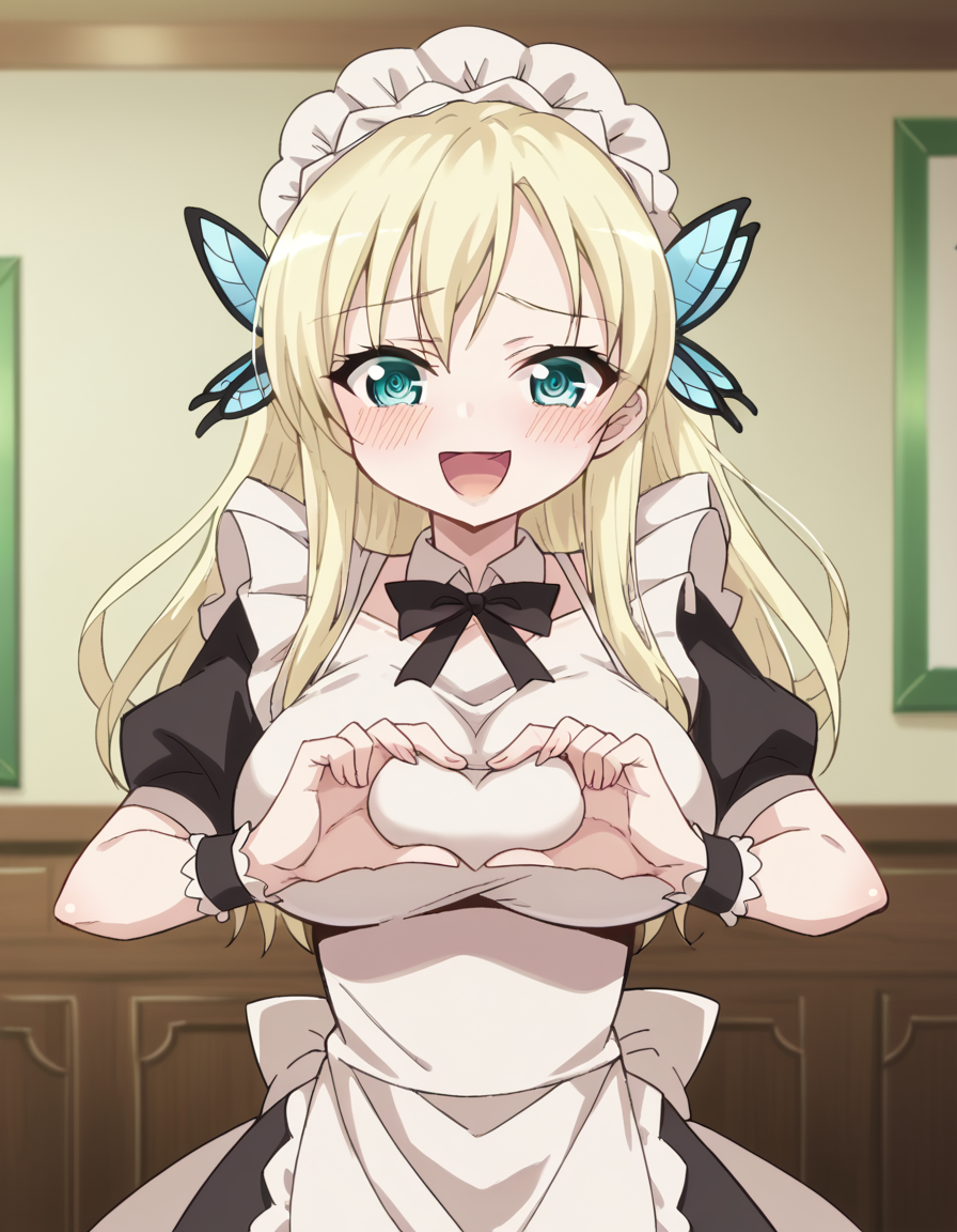 score_9, score_8_up, score_7_up, source_anime, <lora:sena-kashiwazaki-s2-ponyxl-lora-nochekaiser:1>, sena kashiwazaki, long hair, blonde hair, hair ornament, aqua eyes, butterfly hair ornament, large breasts,, <lora:moe-moe-kyun-ponyxl-lora-nochekaiser:1> heart-shaped boob challenge, moe moe kyun! heart hands, enmaided, maid, maid headdress, apron, maid apron, ,, open mouth, blush, embarrassed, clsoed eyes, smile,, cowboy shot