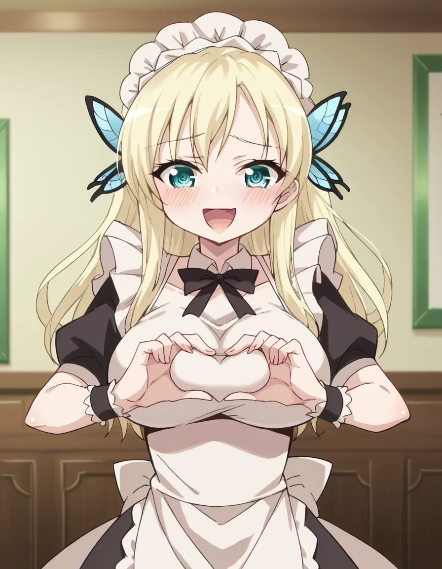 score_9, score_8_up, score_7_up, source_anime, <lora:sena-kashiwazaki-s2-ponyxl-lora-nochekaiser:1>, sena kashiwazaki, long hair, blonde hair, hair ornament, aqua eyes, butterfly hair ornament, large breasts,, <lora:moe-moe-kyun-ponyxl-lora-nochekaiser:1> heart-shaped boob challenge, moe moe kyun! heart hands, enmaided, maid, maid headdress, apron, maid apron, ,, open mouth, blush, embarrassed, clsoed eyes, smile,, cowboy shot