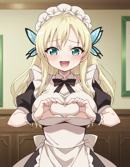 score_9, score_8_up, score_7_up, source_anime, <lora:sena-kashiwazaki-s2-ponyxl-lora-nochekaiser:1>, sena kashiwazaki, long hair, blonde hair, hair ornament, aqua eyes, butterfly hair ornament, large breasts,, <lora:moe-moe-kyun-ponyxl-lora-nochekaiser:1> heart-shaped boob challenge, moe moe kyun! heart hands, enmaided, maid, maid headdress, apron, maid apron, ,, open mouth, blush, embarrassed, clsoed eyes, smile,, cowboy shot