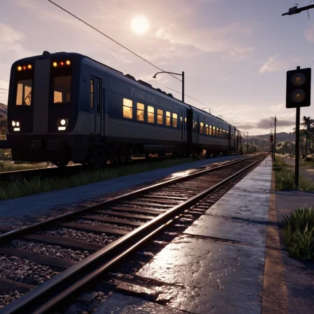 UHD, 4k, ultra detailed, cinematic, a photograph of cinematic film still of  <lora:add-detail-xl:0.3>
<lora:detailed:0.3>
<lora:perfection style:0.3>
 <lora:resident evil style:0.9>
 <lora:Unreal Engine style:0.3>Unreal Engine style
a train is coming down the tracks at night,outdoors,sky,tree,no humans,night,ground vehicle,building,night sky,scenery,motor vehicle,reflection,city,sign,car,road,cityscape,lamppost,street,road sign,traffic light,crosswalk,real world location ,horror themed, sharp, detailed, epic photography, artistic, dramatic light, cinematic style, film style, resident evil style, epic, beautiful lighting, inpsiring