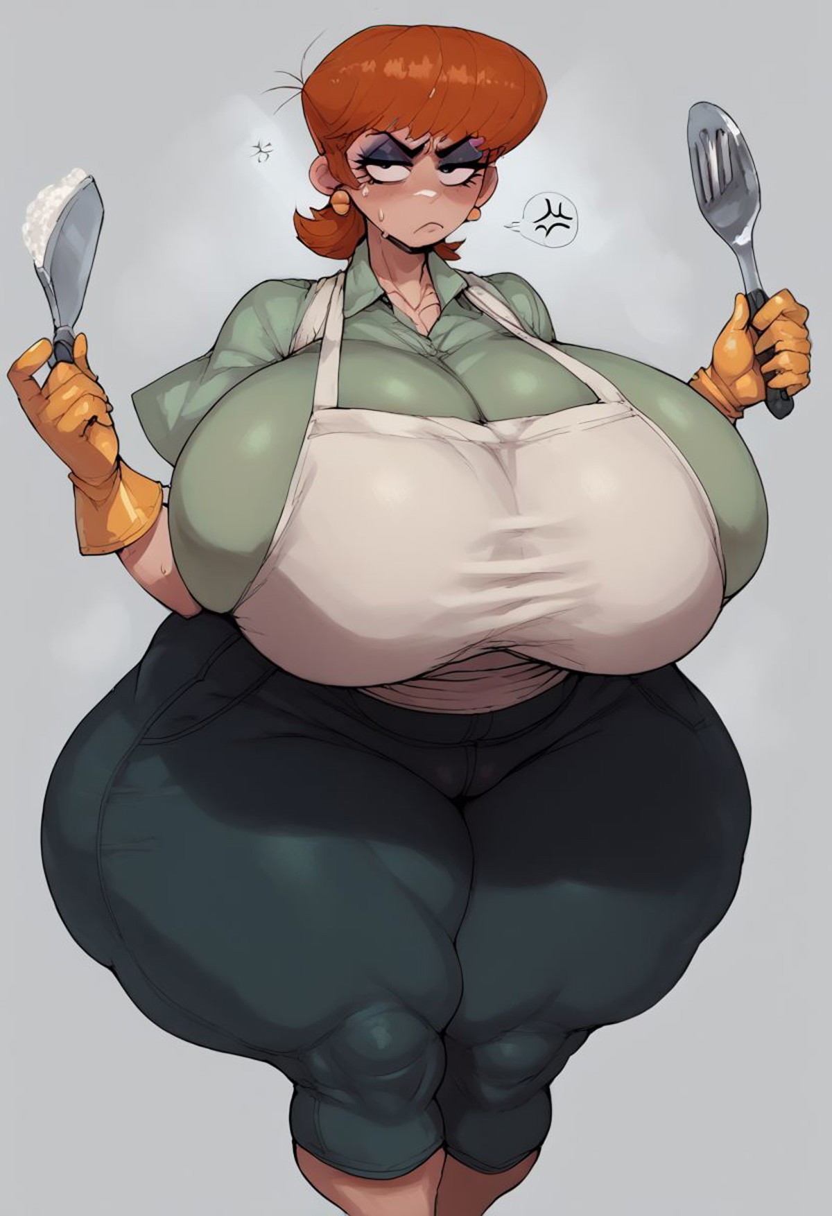 score_9, score_8_up, score_7_up, score_6_up, source_anime, rating_explicit, dop style, ASCII 1 girl, dextersmom, makeup, earrings, gloves, shirt, apron, pants, thick thighs, wide hips, gigantic breasts, voluptuous, annoyed, eyeshadow,