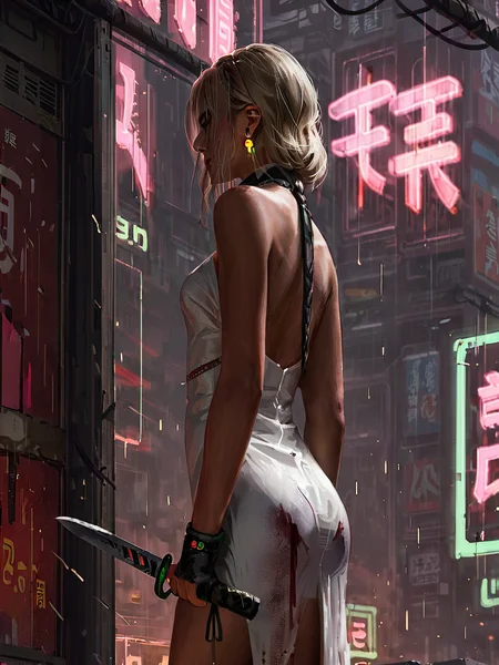 a woman from behind standing in front of a neon sign with a knife in her hand and a knife in her hand, Bayard Wu, cyberpunk style, cyberpunk art, neo-figurative <lora:guweiz:0.7>,
sword, 1girl, solo,
epic realistic, (dark shot:1), 1girl, ninja floating, textured clothing,
smoke, (((sandstorm))), (flying stone), (((dust explosion:1))), wind,
blonde hair, smile, shy smile, high heels, earring, collar, (white dress:1.5),
(masterpiece, high quality, best quality:1.3), (natural shadows, detailed shadows:1.5), <lora:SDXLHighDetail_v5:0.5>