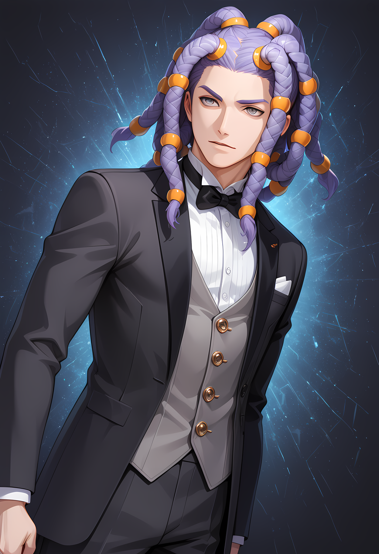 masterpiece, best quality, amazing quality, dutch angle, abstract background, BREAK
1boy, solo, male focus, dds_cielo, purple hair, dreadlocks, grey eyes, black tuxedo, bow tie, formal, BREAK
<lora:cfg_scale_boost:.6>  <lora:Cielo_-_Digital_Devil_Saga_-_ILXL:0.8>