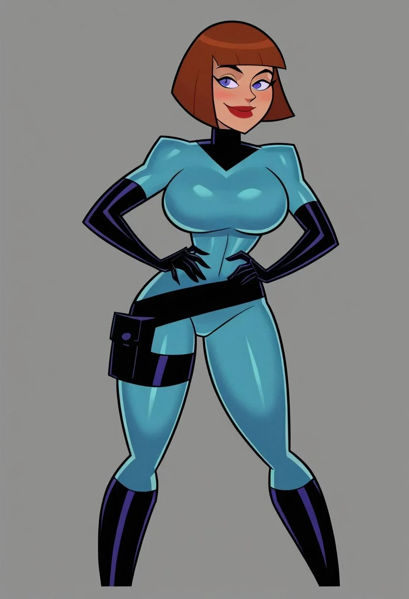 Solo, m_fenton, auburn hair, purple eyes, red lips, bob cut, blue rubber jumpsuit, black hip holster, utility pouch, black gloves, black boots
Big tits, massive breasts,(hands on hips)
Blushing, smile, score_9, score_8_up, score_7_up, score_6_up,