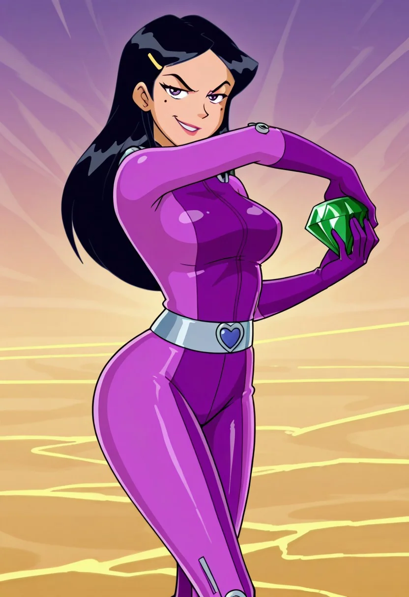 masterpiece, best quality, good quality, 1girl, solo, cartoon, parody, official style, mandy_totally_spies, black hair, long hair, purple eyes, mole under eye, hair ornament, purple bodysuit, sexy, large breasts, beautiful, detailed, high detailed, very beautiful, detailed face, detailed eyes, detailed hand, abstract background, neon, smile, smirk, posing, pose, looking at viewer, wide hips, chaos emerald, holding, gem, holding gem, smile, angry eyes