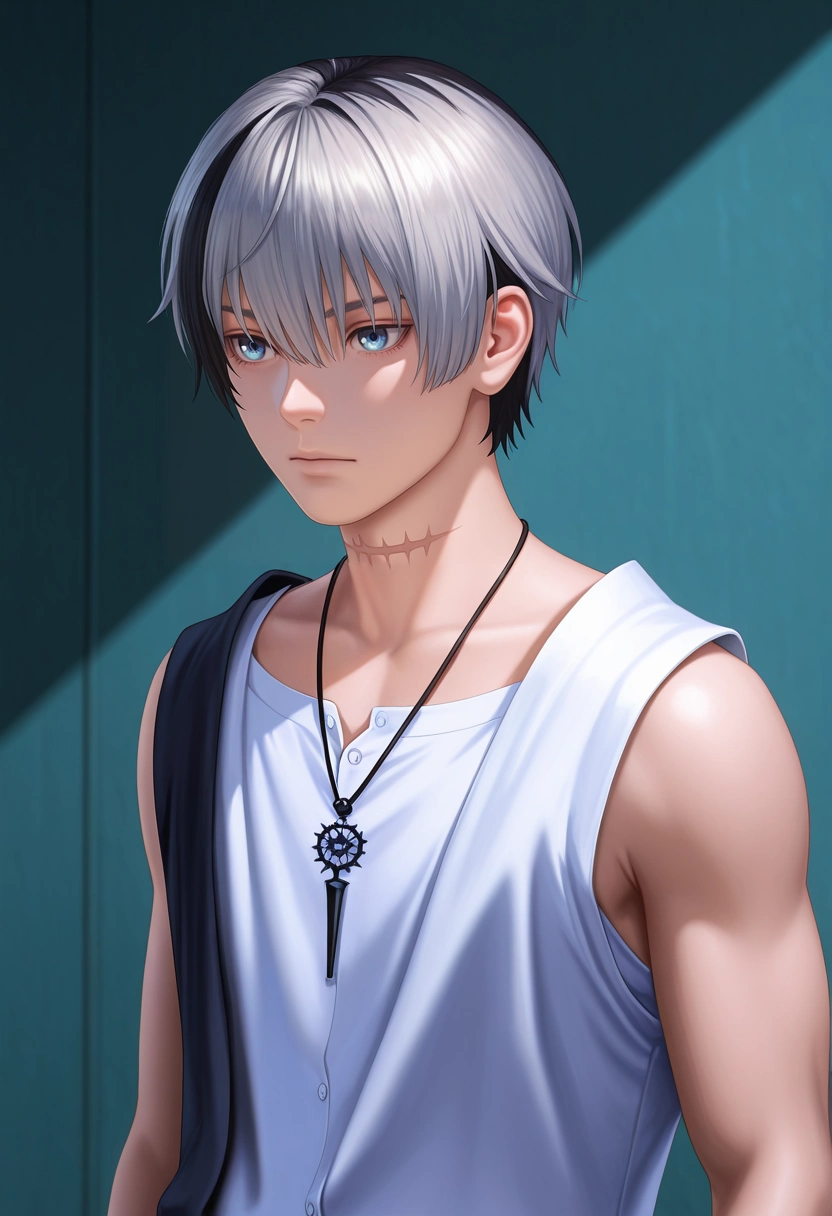 masterpiece, best quality, intricate details, (photorealistic:0.6),, 1boy, solo, male focus, <lora:polka_shinoyama_ilxl:0.96>, polka_shinoyama, grey hair, blue eyes, two-tone hair, multicolored hair, black hair, short hair, hair between eyes, streaked hair, bangs, scar, white shirt, sleeveless, necklace, , oxford shirt,