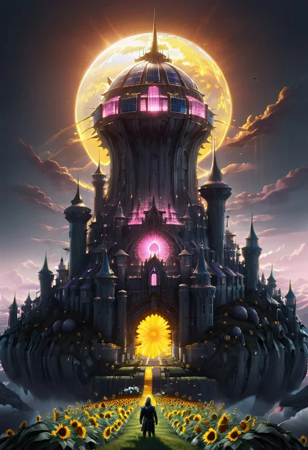 castle,
A traveler looking at a gigantic castle made of dozens of towers, medical, white, grass,matchcraft floating island , floating island, towers , sky , fly , cloud, solar punk,solarpunk ,solar panels, (sunflowers), rainbow ,castle, matchcraft floating island, ral-phtvoltc, dark, chiaroscuro, low-key, Dark Fantasy page,pink sun, pink light, pink lighting