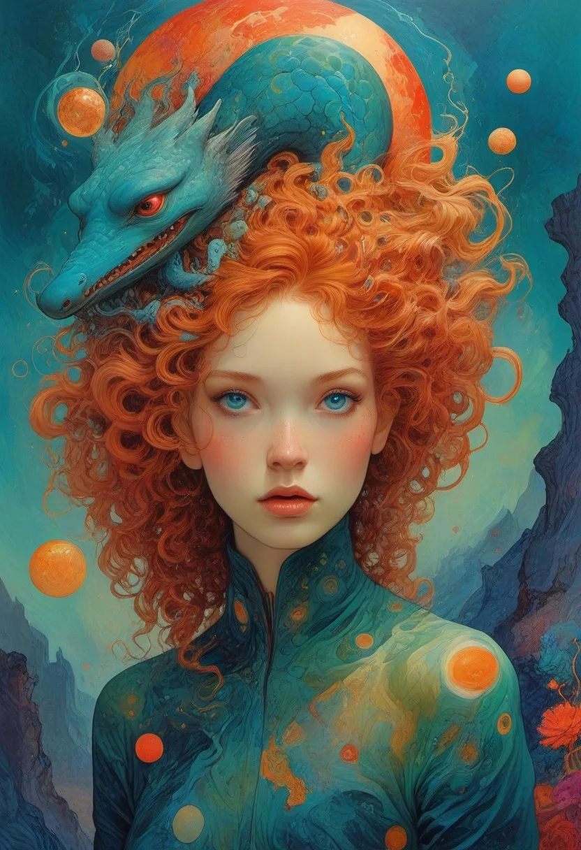 James Jean and Salvador Dali, The composition includes evil female,  curly red hair with glitter, The composition includes beautiful, exotic, magical, surreal,  full view, Long teal curly hair,  planet  intricately detailed,  the surreal figure of Long teal curly hair,g0thicPXL,woodland freckled fairy, masterpiece, retro style, art by Sergio Lopez , Natalie Shau,  view, create a sense of detailed, abstract, trippy, 60s style, op art,  cell shaded, 8k. The composition includes overlapping circles, sharp-edged polygons,