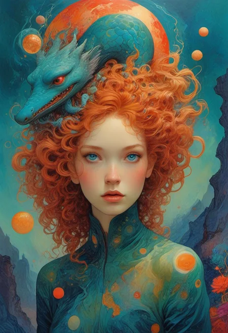 James Jean and Salvador Dali, The composition includes evil female, curly red hair with glitter, The composition includes beautiful, exotic, magical, surreal, full view, Long teal curly hair, planet intricately detailed, the surreal figure of Long teal curly hair,g0thicPXL,woodland freckled fairy, masterpiece, retro style, art by Sergio Lopez , Natalie Shau, view, create a sense of detailed, abstract, trippy, 60s style, op art, cell shaded, 8k. The composition includes overlapping circles, sharp-edged polygons,
