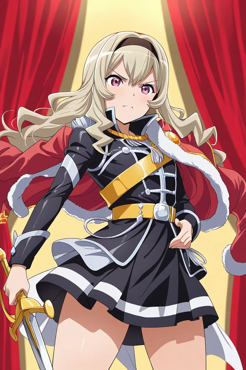masterpiece, best quality, amazing quality,
 <lora:Claudine_IL:1> claudine, 1girl, purple eyes, long hair, sword, solo, yellow belt, holding sword, hand on waist, holding, skirt, hairband, blonde hair, v-shaped eyebrows, black hairband, fur-trimmed jacket on shoulders, stage outfit, red curtains