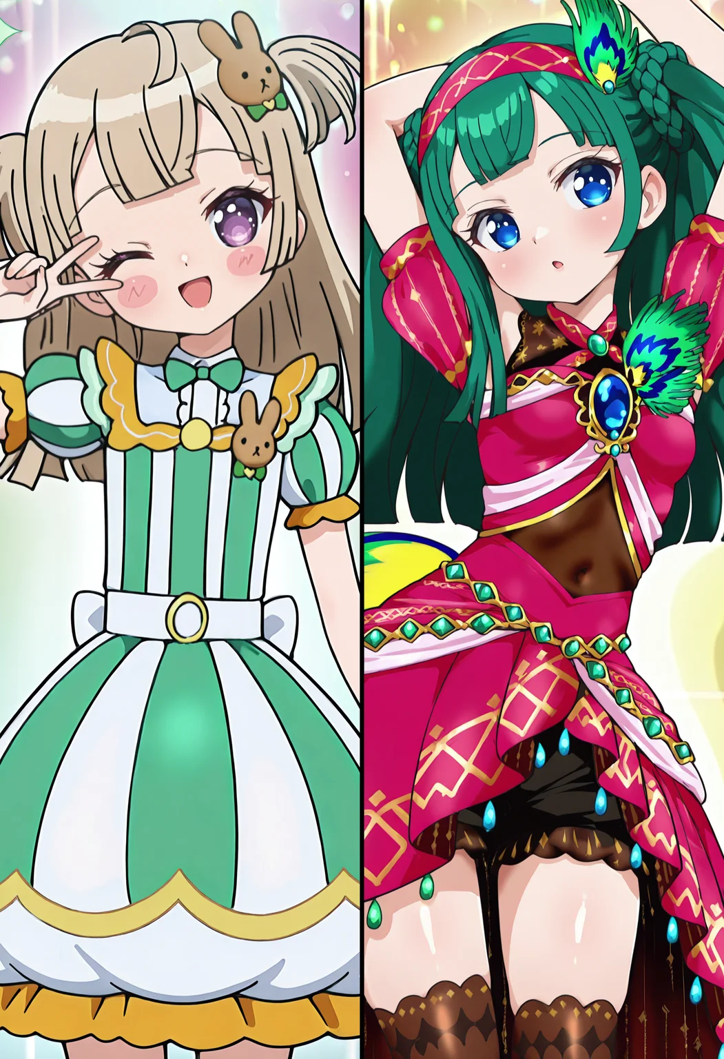 best quality, amazing quality, perfect quality, high quality, masterpiece, absolutely eye-catching BREAK
<lora:PriPara_-_Chili_Tsukikawa:1> PriParaChiliIdol, blue eyes, green hair, long hair, kishimen hair, twintails with braided base, blunt bangs, small breasts BREAK
peacock feathers, gem, pink hairband, pink dress, puffy short sleeves, thighhighs BREAK
colorful background, sparkle background BREAK
1girl, solo, arms above head, looking at viewer, head tilt, cowboy shot
