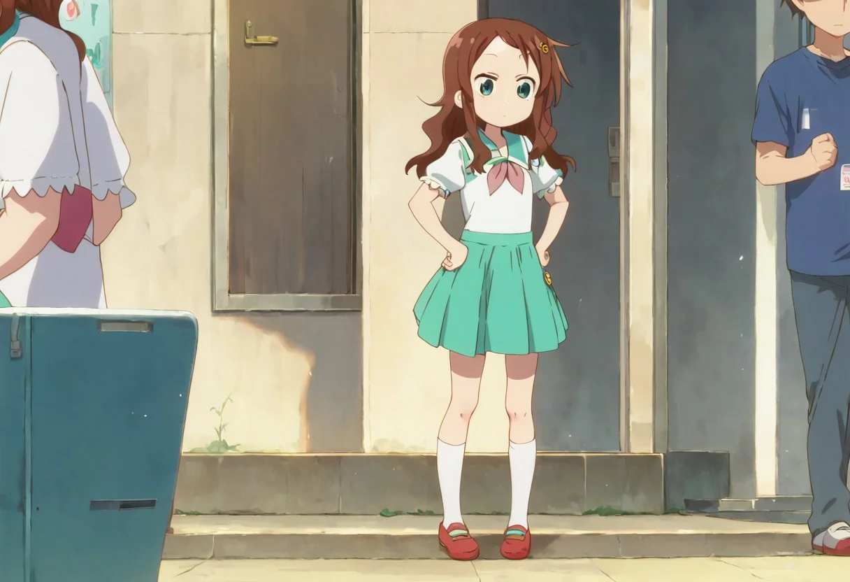 rikos, saisch, long hair, green skirt, brown hair, hair ornament, green eyes, flower, hair flower, school uniform, shoes, socks, uwabaki,  thighhighs,    standing,   score_9, score_8_up, score_7_up, ,source_anime, best quality, masterpiece,   , full body view,  1girl , solo , girl focus , hands on hips,