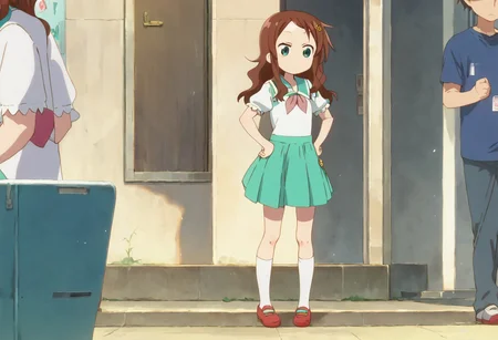 rikos, saisch, long hair, green skirt, brown hair, hair ornament, green eyes, flower, hair flower, school uniform, shoes, socks, uwabaki,  thighhighs,    standing,   score_9, score_8_up, score_7_up, ,source_anime, best quality, masterpiece,   , full body view,  1girl , solo , girl focus , hands on hips,