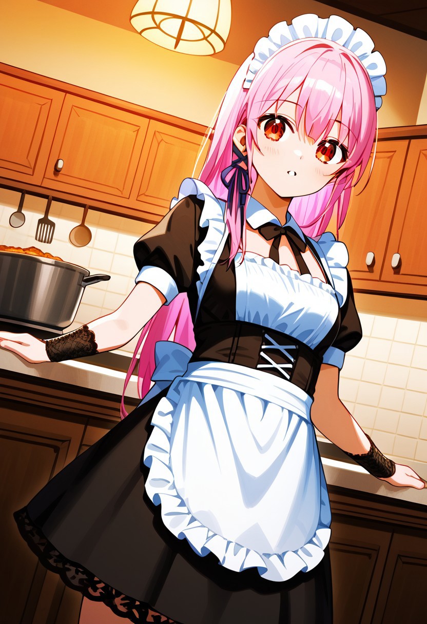 score_9, score_8_up, score_7_up, score_6_up, score_5_up, score_4_up, <lora:Urushihara Satoshi_XL_PONY_V2:0.9>, masterpiece, volumetric lighting, vibrant colors, source_anime, perfectly detailed face and body and eye, 1girl, solo, Kisara, long hair, pink hair, red eyes, ksr hair ribbon, looking at viewer, parted lips, high resolution, white apron, apron, short sleeves, corset, waitress, black lace-trimmed bracers, black dress, lace, lace trim, frills, maid, kitchen, food, cooking, dutch angle, far view, (fantasy-style), (shoujo-style), manhwa-artstyle