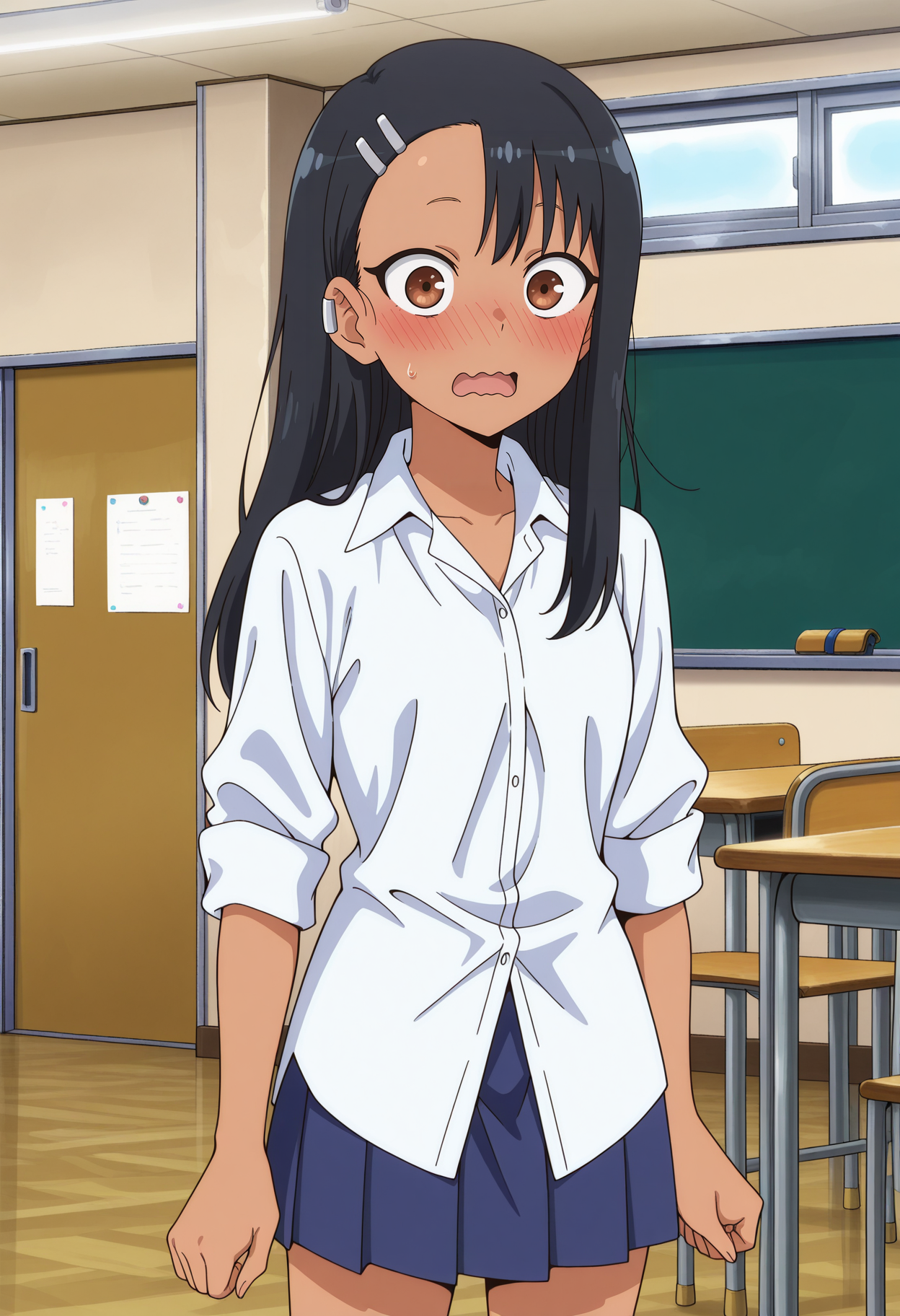 anime screencap, masterpiece, best quality,
<lora:IjiranaideNagatoro_Nagatoro_IlluXL:0.8>,
1girl, solo, open mouth, wavy mouth, nose blush, surprised, wide-eyed,
dark skin, long hair, black hair, asymmetrical bangs, brown eyes, hairclip, earclip,
NagatoroSchool, dress shirt, white shirt, untucked shirt, sleeves rolled up, pleated skirt, blue skirt,
arms at sides, standing, looking at viewer,
indoors, classroom, day