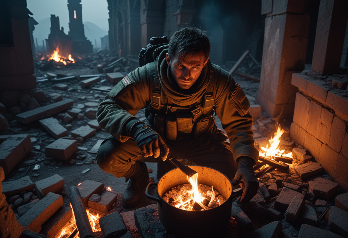 (medium full shot) of (medium shot , from above) of rogue soldier cooking over a fire, detailed face, located in a ruined world at a decayed church during dawn with radioactive weather, illuminated by flickering neon, creating a rugged atmosphere, Masterpiece,best quality, photo, realistic, very aesthetic,