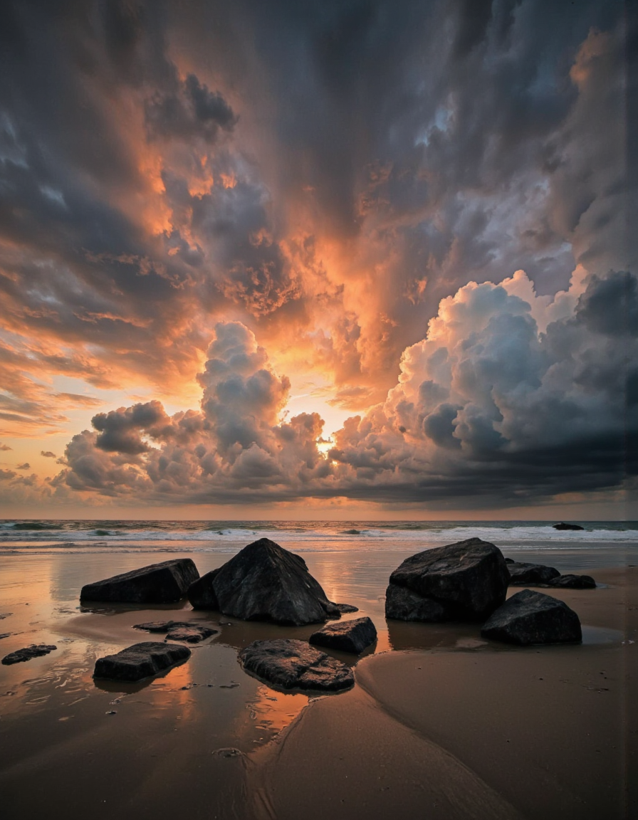 Photograph of a serene beach at sunset with dramatic clouds. The sky is a mix of dark and bright colors, with orange and pink hues blending into the darker clouds. The foreground features large, dark rocks scattered across the wet sand, which reflects the warm glow of the setting sun. The image has a high aesthetic quality with a strong sense of depth and leading lines created by the rocks and the horizon. The background is slightly blurred, focusing attention on the rocks and the sky. Likely taken with a DSLR camera, possibly a Canon EOS 5D Mark IV, with settings around f/8 aperture, 1/30s shutter speed, and ISO 100. Natural lighting from the sun. <lora:Landscapes_II_epoch_8:1>
