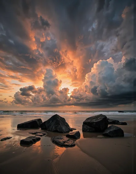 Photograph of a serene beach at sunset with dramatic clouds. The sky is a mix of dark and bright colors, with orange and pink hues blending into the darker clouds. The foreground features large, dark rocks scattered across the wet sand, which reflects the warm glow of the setting sun. The image has a high aesthetic quality with a strong sense of depth and leading lines created by the rocks and the horizon. The background is slightly blurred, focusing attention on the rocks and the sky. Likely taken with a DSLR camera, possibly a Canon EOS 5D Mark IV, with settings around f/8 aperture, 1/30s shutter speed, and ISO 100. Natural lighting from the sun. <lora:Landscapes_II_epoch_8:1>