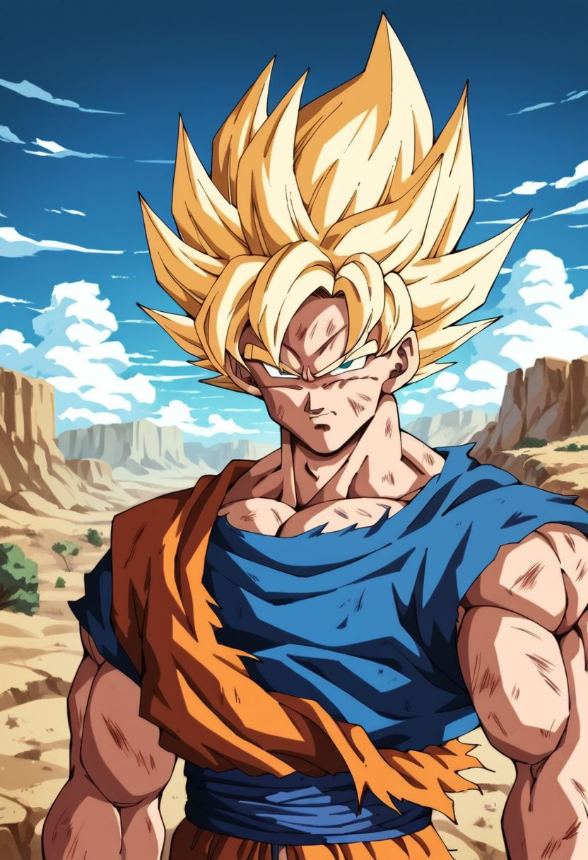 score_9, score_8_up, score_7_up, score_6_up,rating_questionable,portrait,((Solo:1.0)),(Son goku), without a shirt,(super expresive), ultradetailed, masterpiece, best quality, highres, in desert, montains, clouds, trees