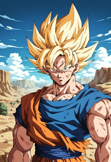 score_9, score_8_up, score_7_up, score_6_up,rating_questionable,portrait,((Solo:1.0)),(Son goku), without a shirt,(super expresive), ultradetailed, masterpiece, best quality, highres, in desert, montains, clouds, trees