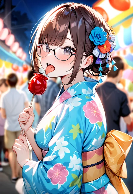 masterpiece, best quality, very aesthetic, absurdres,
ringoame, food, japanese clothes, candy apple, kimono, 1girl, glasses, brown hair, solo focus, hair ornament, yukata, festival, licking, tongue, sash, blue kimono, black eyes
 <lora:ringoame_SDXL_V1:1>
