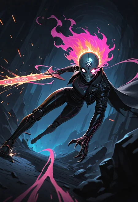 masterpiece, best quality, highres, solo, dynamic action pose, white round eyes, hero with a cloak, wielding a glowing blue sword, mid-air slash, dark cave setting, monstrous shadow with glowing eye, fiery turquoise hair, intense horror atmosphere, sharp lines, vibrant colors, inspired by classic adventure RPGs, glowing runes, mystical energy, limited color palette, hand-drawn sketch style, cinematic lighting, swirling smoke, suspenseful mood, High-speed hover chase, dystopian metropolis, neon billboards, fragmented Japanese characters, burning skull helmet, black leather jacket, vivid pinks and greens, plasma chain weapon, serpent-like coils, sparks, debris, roaring engines, target pursuit, grinning visage, mechanical inferno.
