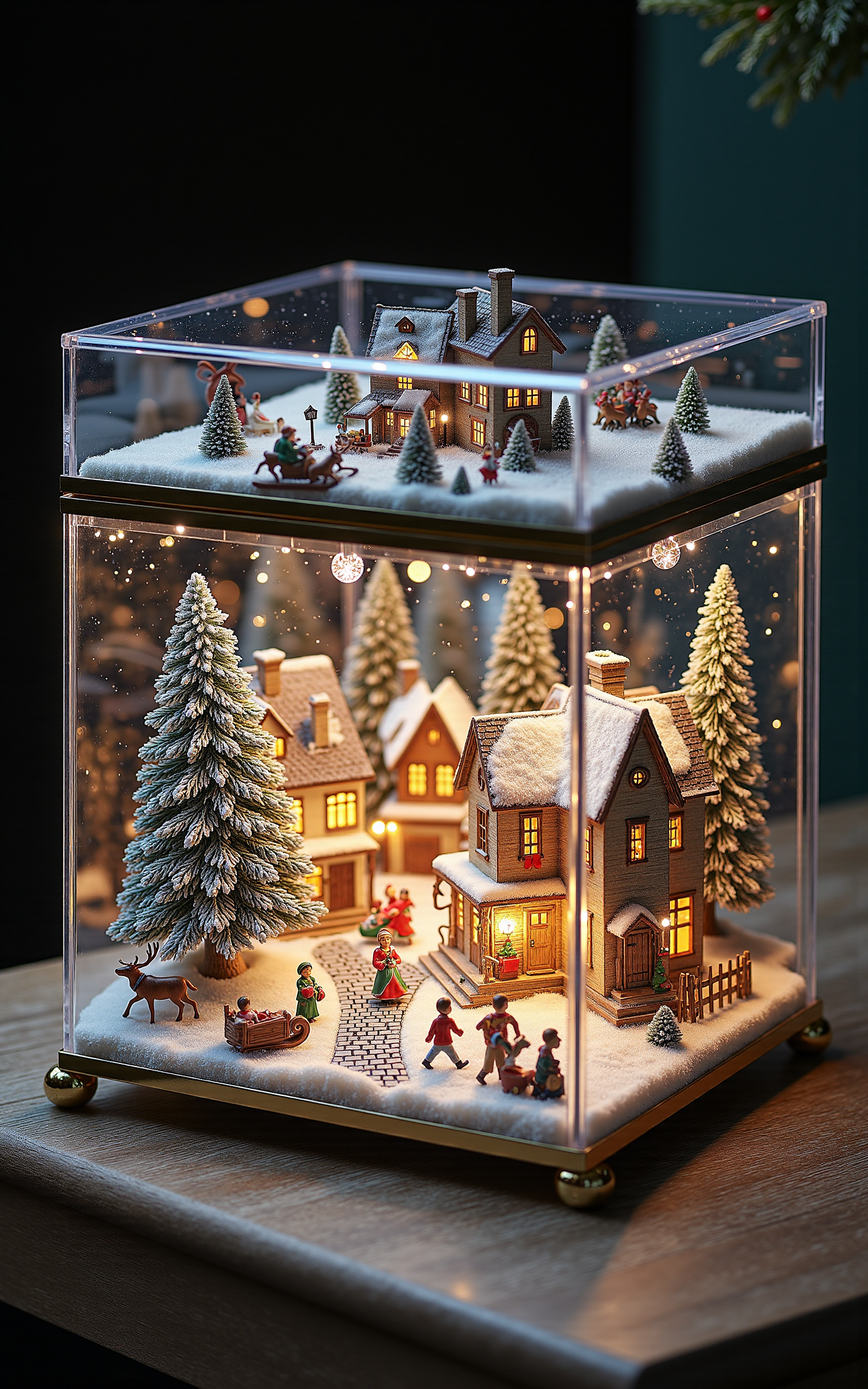 A luxurious transparent gift box containing a fantastical Christmas town scene. The miniature town includes quaint cottages with snowy rooftops, a cobblestone plaza centered around a brightly lit Christmas tree, and children playing in the snow. Delicate details such as frosted windows, reindeer figurines pulling sleighs, and colorful stockings hung on chimneys make the scene lively. The box is illuminated from within, casting soft light through its crystal-clear walls, with subtle reflections adding depth to the enchanting holiday display. <lora:aidmaMJ6.1v0.4:0.6> aidmaMJ6.1