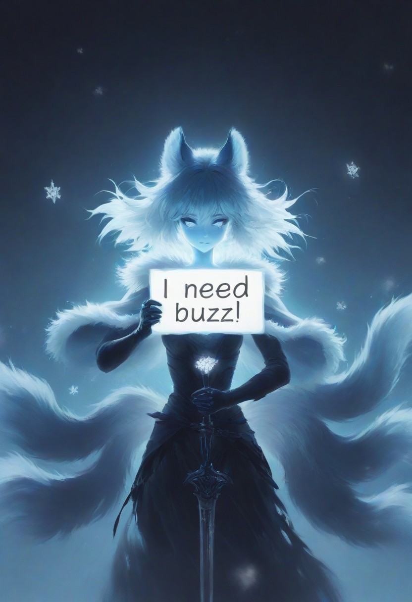 masterpiece, best quality, good quality, newest, highres, absurdres, volumetric lighting, uncensored,need_buzz, holding sign saying "I need buzz",
BREAK 
raytracing, volumetric lighting, ambient occlusion, girl, background, masterpiece, best quality, very awa, absurdres, model style, stylist,
BREAK
Youko, animal ears, many tails,
BREAK
(glow in the dark),soft lighting,  (dramatic light, strong lighting:1.2),
1girl,solo,c owboy shot, simple background, dark background, unsheathing, sword, holding, looking at viewer, half close-up,
A solemn young woman wrapped in a heavy, dark, fur-trimmed cloak stands in the impenetrable darkness of a frozen forest at night. 
She slowly draws a crystalline longsword. 
The blade is coated in intricate frost patterns that emit a cold, soft, pale-cyan light. 
Tiny, glowing snowflakes drift lazily from the sword, and a visible cold mist emanates from the blade and her breath, catching the faint light.
Still, cold, ethereal atmosphere.